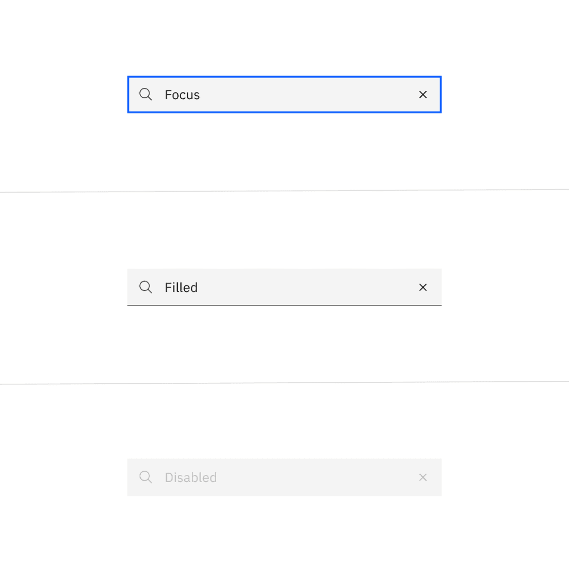 Examples of focus, filled, and disabled search states